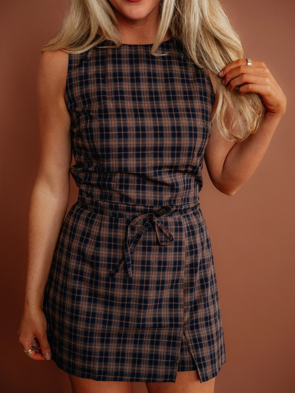 Dress Forum Sydnee Navy and Brown Sleeveless Plaid Mini Dress